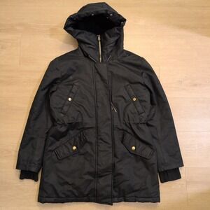 J.Crew Women Medium Black Hooded Parka Coat Jacket Quilted Down Filled